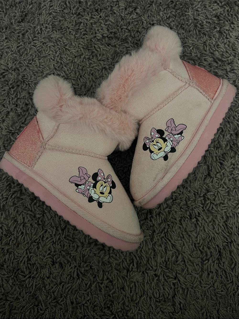 Kids Pink Minnie Mouse Faux-Fur Booties